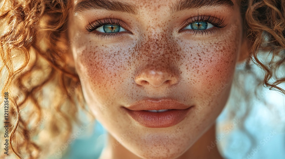 Close-up portrait of a freckled woman with curly red hair and bright blue eyes, smiling gently. Close-up portrait of a freckled woman with curly red hair and bright blue eyes, smiling gently.