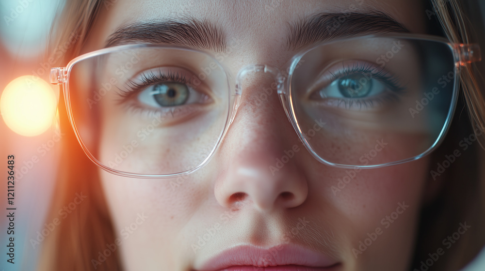 woman looks at camera with eyeglasses, showcasing calm and poised attitude, with her facial features highlighted