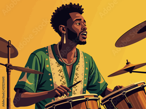 youthful african man just vibing DRUMS in nigeria brazil flag colour with no flags preset