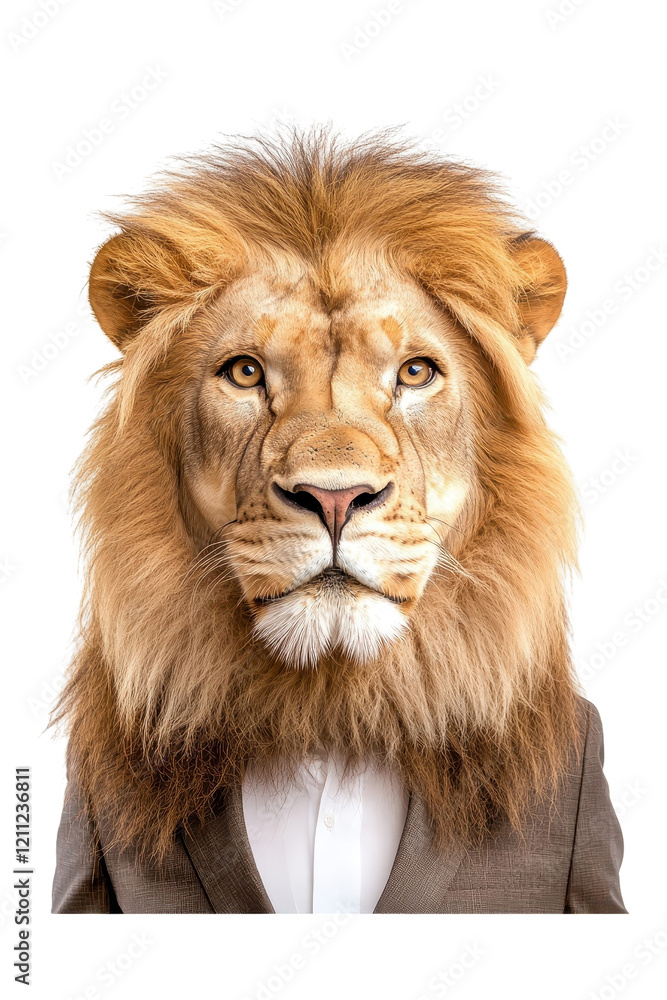 Fototapeta premium A lion dressed in a sharp suit, isolate on white background, blending elegance with wildness. cutout png