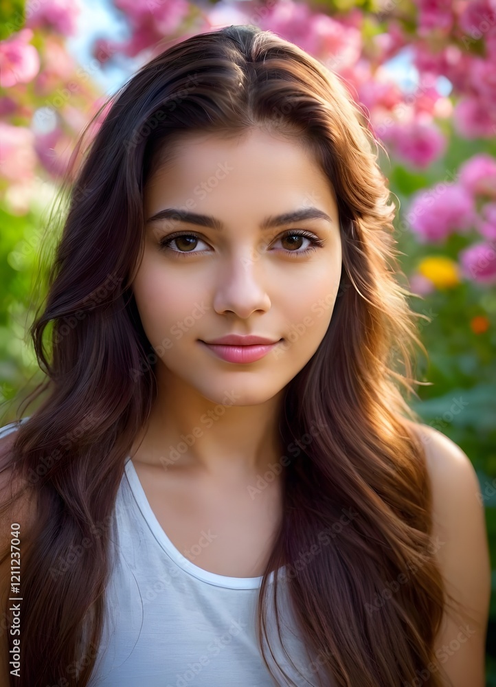 Fototapeta premium Graceful Elegance in Bloom: A Serene Portrait Amidst Vibrant Flowers