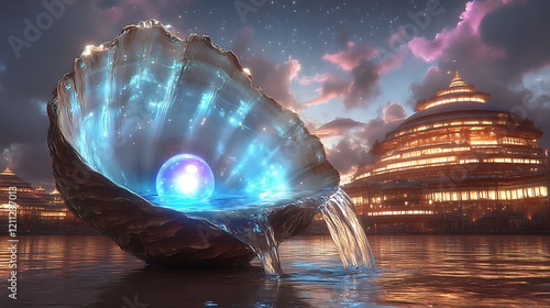 Luminous Pearl Within A Giant Seashell Near Futuristic City
