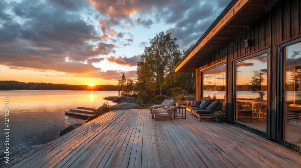 Lakeside Cabin Sunset Serenity: Modern Architecture Meets Nature's Embrace Lakeside Cabin Sunset Serenity: Modern Architecture Meets Nature's Embrace