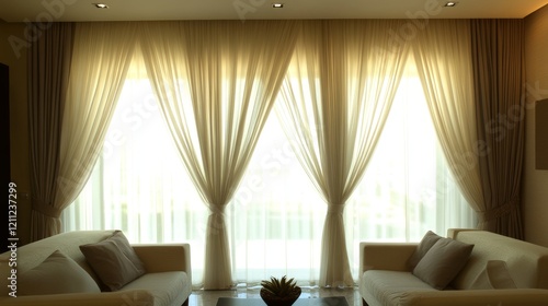 4.An elegant living room with a window framed by sheer, tied-back curtains that allow warm natural light to fill the room, creating a cozy and refined atmosphere that enhances the overall interior