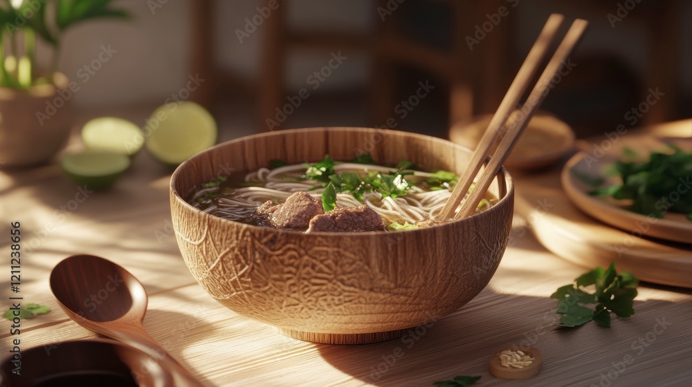 A serving of Vietnamese pho with beef, rice noodles, and fresh herbs, styled with a bustling street food setting A serving of Vietnamese pho with beef, rice noodles, and fresh herbs, styled with a bustling street food setting