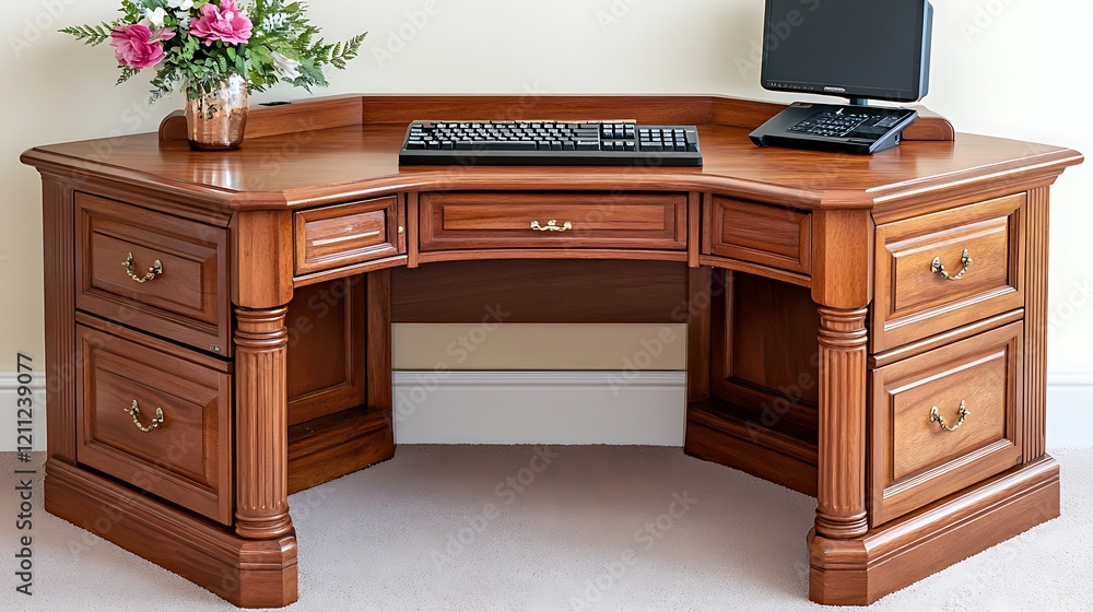 Elegant Corner Wooden Desk With Computer Keyboard And Flowers Elegant Corner Wooden Desk With Computer Keyboard And Flowers