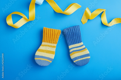 Celebrating World Down Syndrome Day with Blue and Yellow Ribbons and Socks Symbolizing Awareness and Support photo