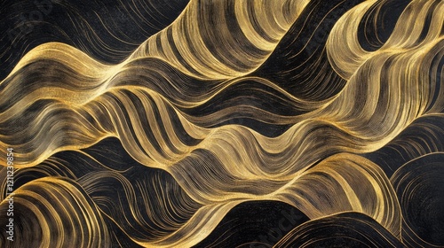 59.A premium, golden invitation card design with flowing, elegant gold lines against a black background. The dynamic curves of the golden waves evoke luxury and sophistication, ideal for creating