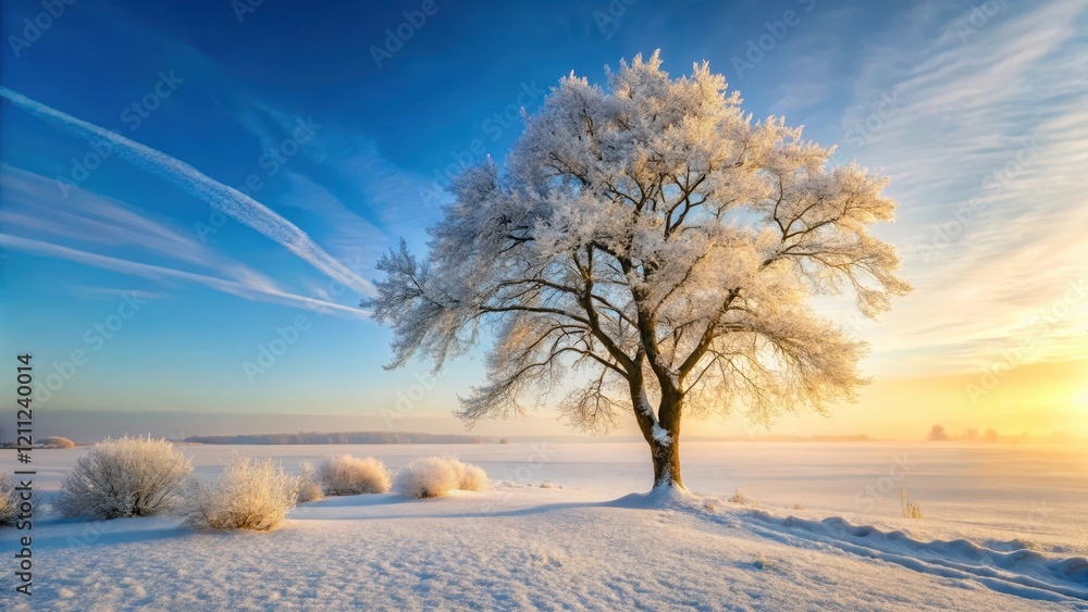A solitary frost-covered tree stands in a serene winter landscape, bathed in the warm glow of sunrise, creating a breathtaking scene of pristine snow and tranquil beauty. A solitary frost-covered tree stands in a serene winter landscape, bathed in the warm glow of sunrise, creating a breathtaking scene of pristine snow and tranquil beauty.