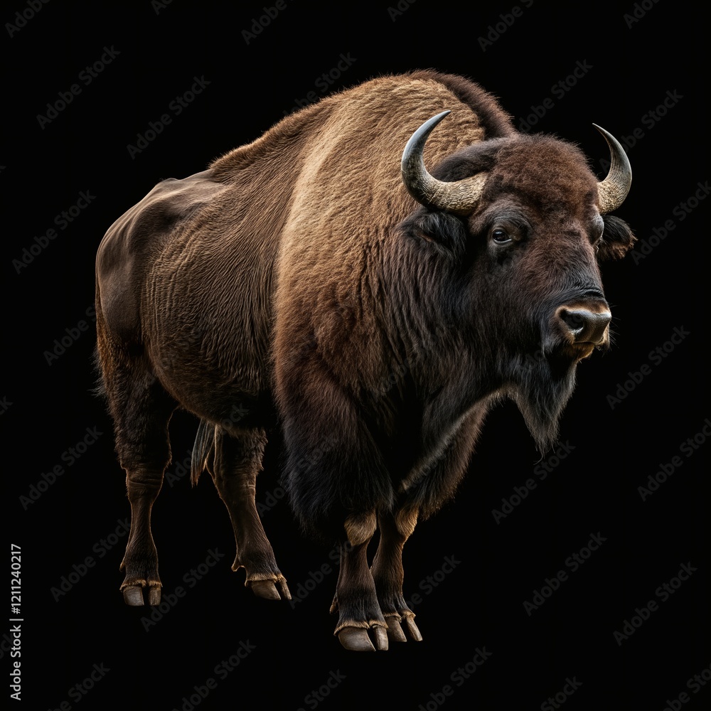 Close-Up of a Bison with Prominent Curved Horns and Thick Fur Against Black Background Close-Up of a Bison with Prominent Curved Horns and Thick Fur Against Black Background