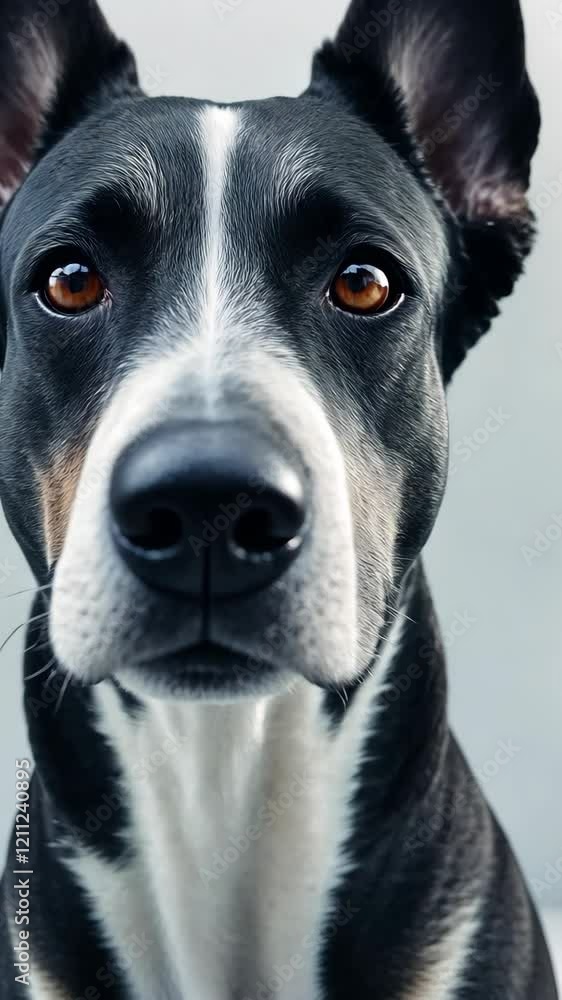 Close-up look at a curious black and white dog with expressive eyes and vibrant fur coat Close-up look at a curious black and white dog with expressive eyes and vibrant fur coat