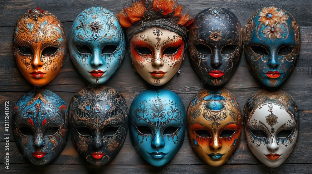 Venetian masks arranged on dark wood background for design Venetian masks arranged on dark wood background for design