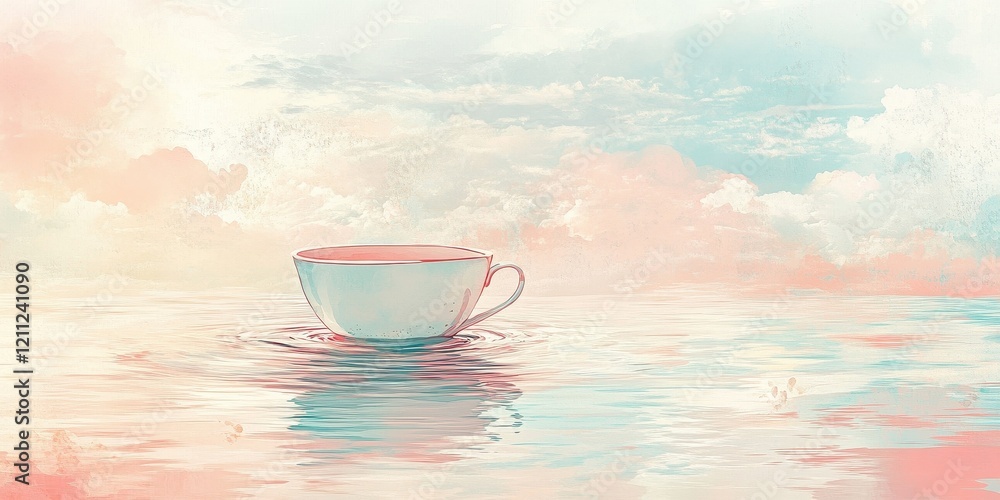 A Porcelain Teacup Floats Gently On Calm Water Underneath a Pastel Sky A Porcelain Teacup Floats Gently On Calm Water Underneath a Pastel Sky
