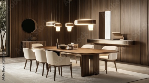 89.A chic and modern dining room with a sleek wooden table and six beige chairs  complemented by wooden panel walls in the background. Pendant lights illuminate the table  adding to the sophisticated