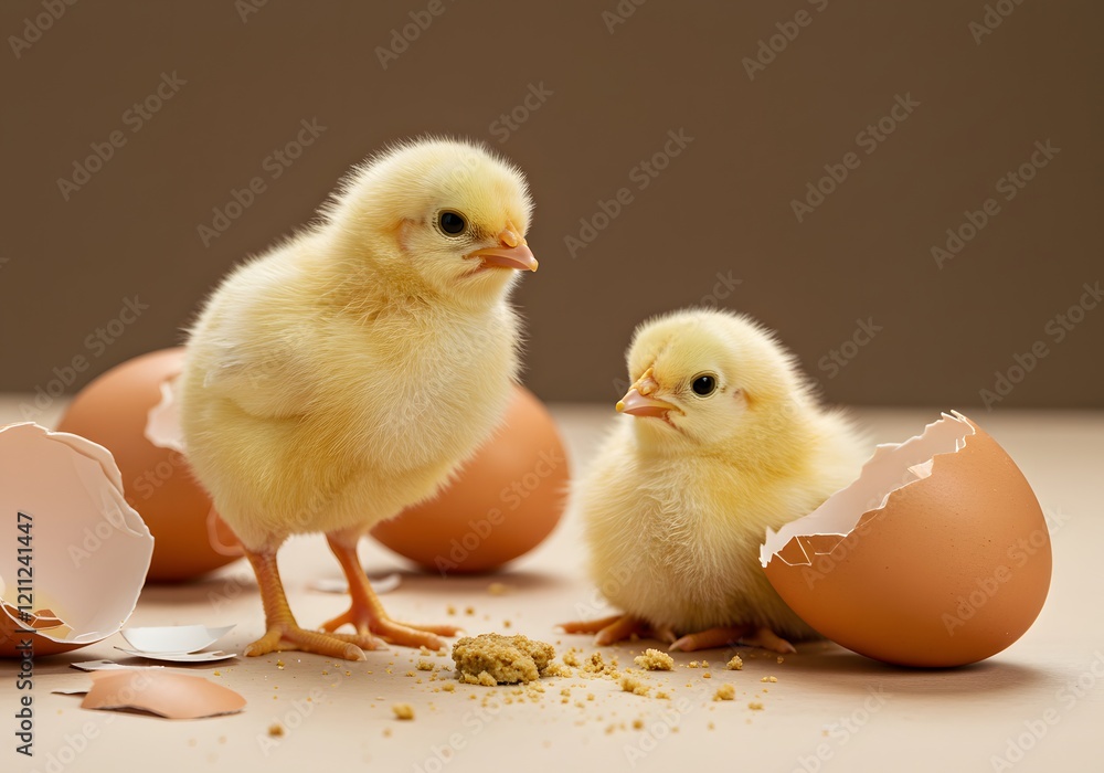 Two fluffy, newly hatched chicks with soft yellow feathers stand amidst broken eggshells and scattered crumbs Two fluffy, newly hatched chicks with soft yellow feathers stand amidst broken eggshells and scattered crumbs
