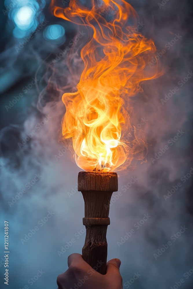 Flaming torch held in hand, smoky background. Flaming torch held in hand, smoky background.