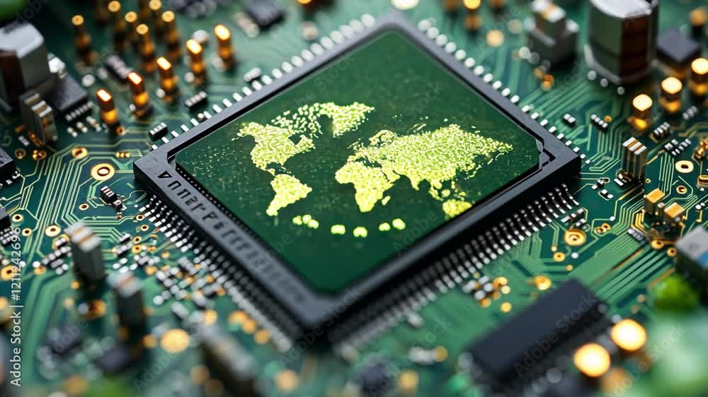 Global Connectivity: A world map etched into a green microchip, symbolizing the interconnectedness and global reach of technology. Global Connectivity: A world map etched into a green microchip, symbolizing the interconnectedness and global reach of technology.