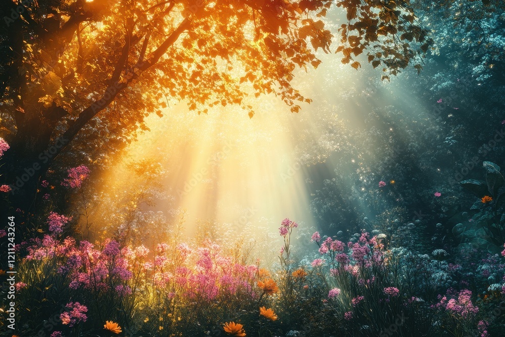Fototapeta premium Sunlit Enchanted Forest Meadow With Blossoming Flowers