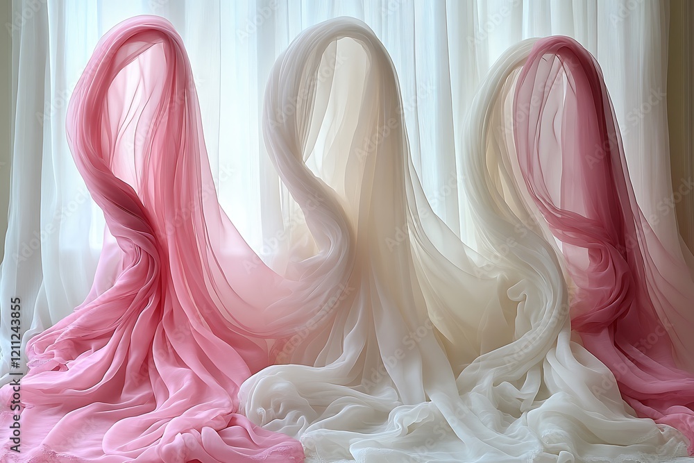 Draped Pink and White Sheer Fabrics Near Window Draped Pink and White Sheer Fabrics Near Window