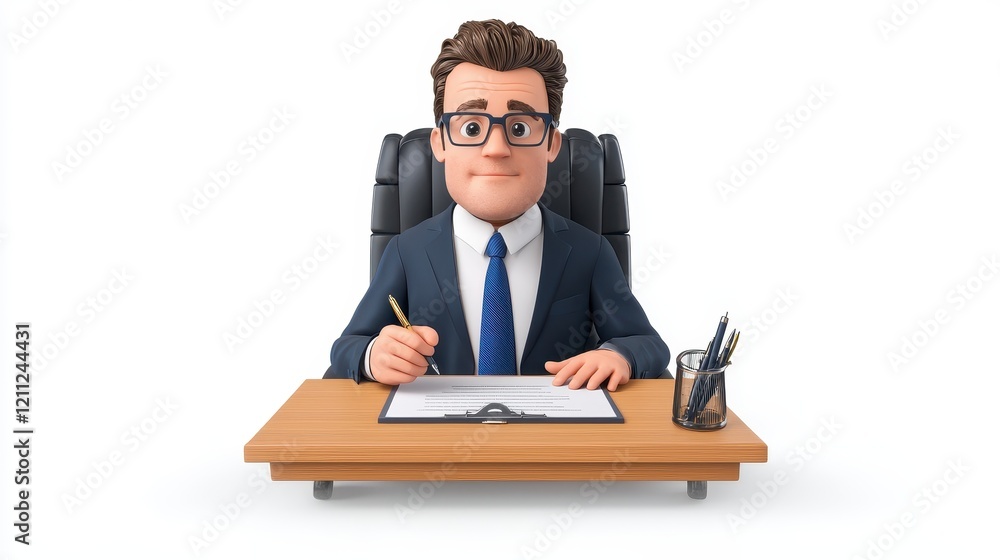 Confident Cartoon Businessman Signing Documents at His Desk, Ready for Success Confident Cartoon Businessman Signing Documents at His Desk, Ready for Success