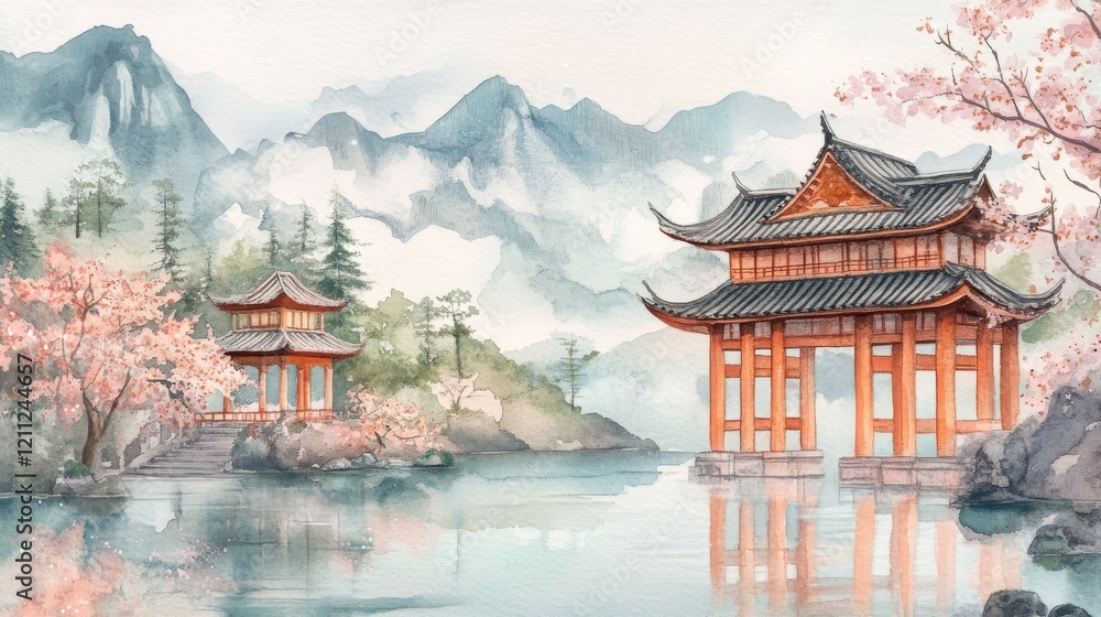 Obraz premium Watercolor painting of mountains and rivers with an ancient Chinese Shrine
