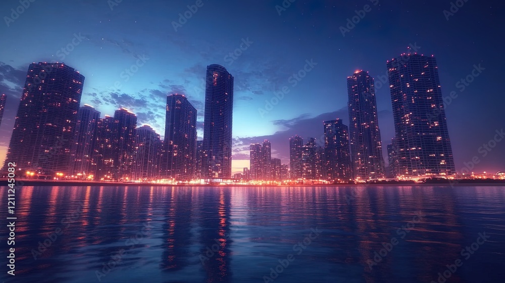 Dynamic city skyline illuminated at twilight, modern urban landscape Dynamic city skyline illuminated at twilight, modern urban landscape