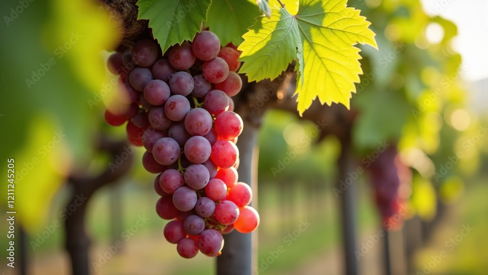 Obraz premium A close-up of a bunch of red grapes hanging from a vine in a vineyard at sunset.