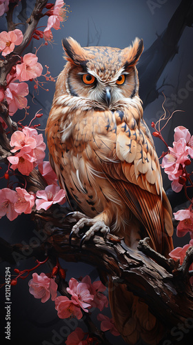 an owl sitting in a floBeautiful Angel Pink Wings Made of Sparkling Water On Blurry Backgroundwering branch photo