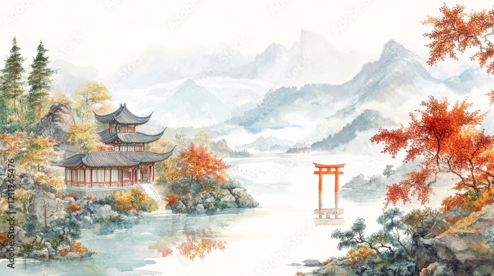Obraz premium Watercolor painting of mountains and rivers with an ancient Chinese Shrine