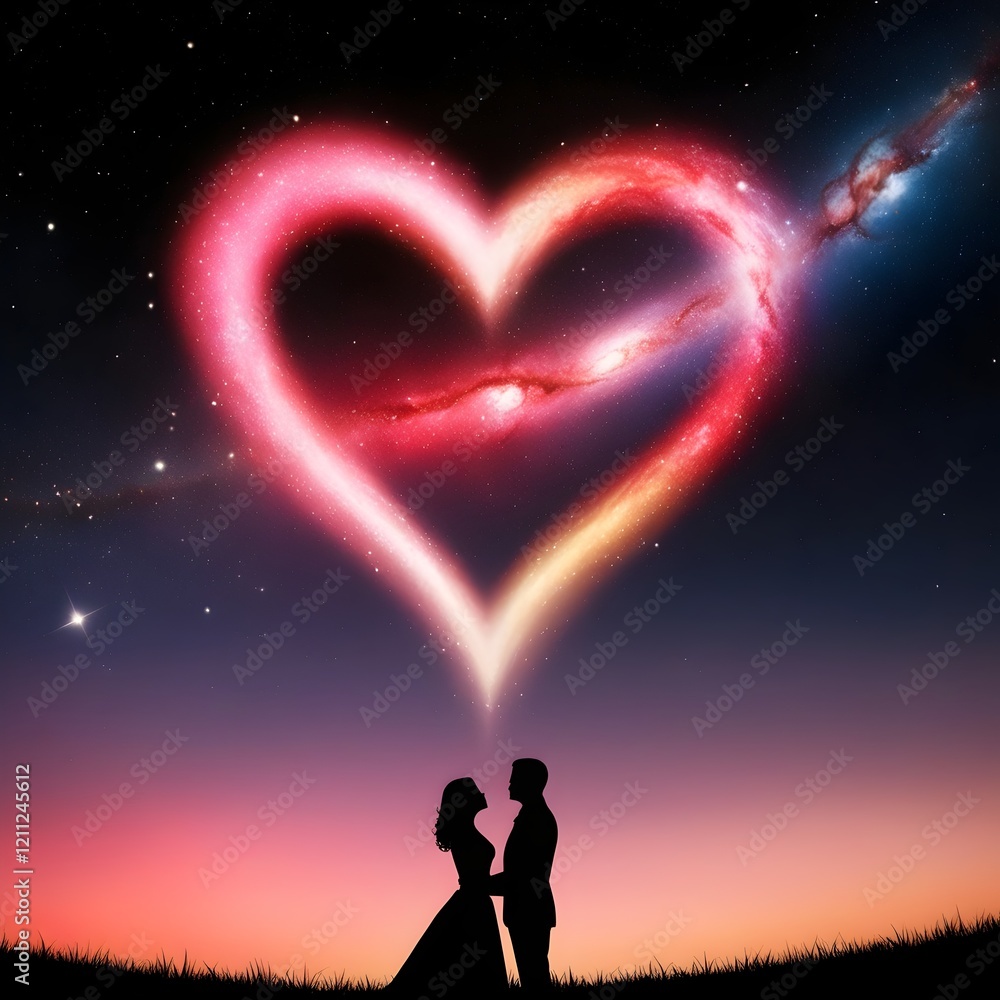 A glowing heart-shaped galaxy in the night sky, with pink, red, and golden hues. Couples silhouetted below to bask in the dreamy celestial setting. Perfect for Valentine’s Day designs. A glowing heart-shaped galaxy in the night sky, with pink, red, and golden hues. Couples silhouetted below to bask in the dreamy celestial setting. Perfect for Valentine’s Day designs.