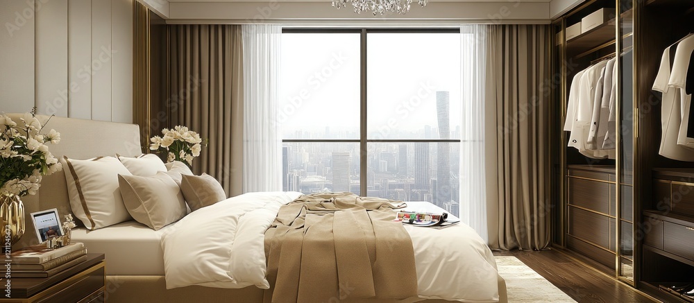 Luxurious Modern Bedroom with King-Sized Bed, Cityscape View, Walk-In Closet, and Designer Accents Luxurious Modern Bedroom with King-Sized Bed, Cityscape View, Walk-In Closet, and Designer Accents