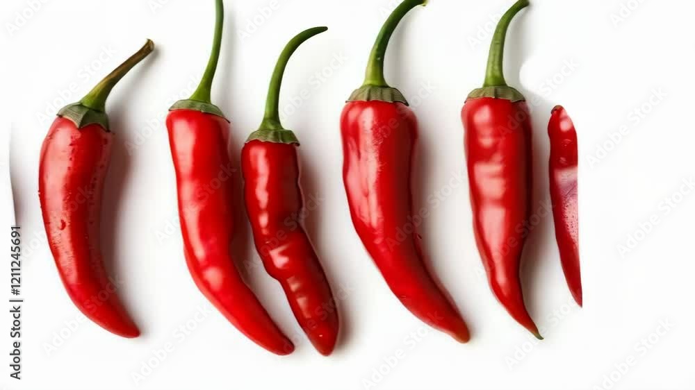 Red chilies falling and aligning in a perfect row against a white background Red chilies falling and aligning in a perfect row against a white background