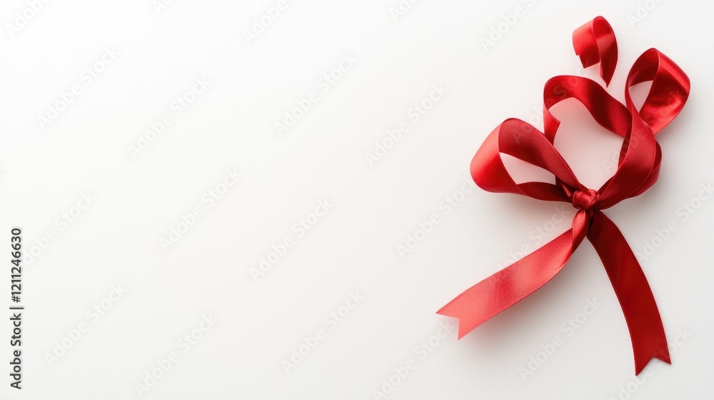 Red ribbon bow on white background, gift wrapping, holiday, minimalist design, greeting card Red ribbon bow on white background, gift wrapping, holiday, minimalist design, greeting card