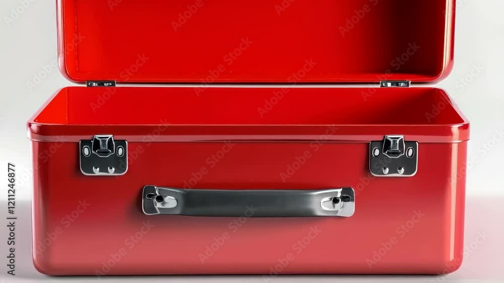 Red toolbox opening sequence highlighting secure metal latches