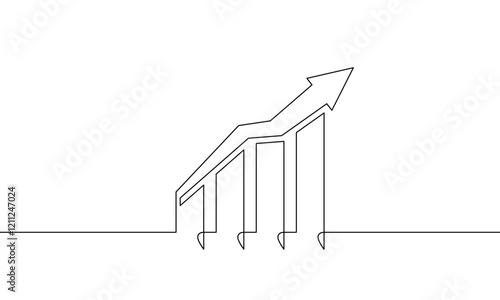 Continuous line drawing of graph vector illustration.  Single line art of increasing arrow up. Object one line of bar chart Sign symbol. Flat icon of business growth