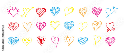 Bright Doodle Hearts With Charcoal Pencil. Different Cute Colorful Hand Drawn Heart Shapes. Vector Illustration. Chalk Concept Design for Valentine's Day, Girls Birthday, Wedding, Invitation, Sale.