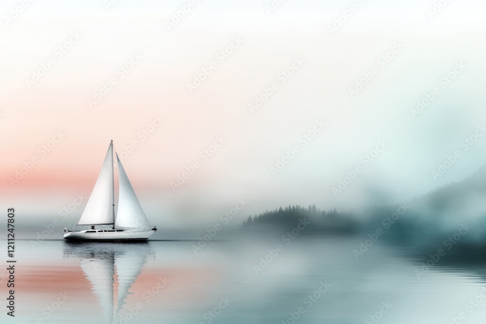 Fototapeta premium A serene sailboat glides silently across calm waters at dawn. Light fog envelops the scene, while soft hues of pink and blue create a peaceful atmosphere, hinting at a new day