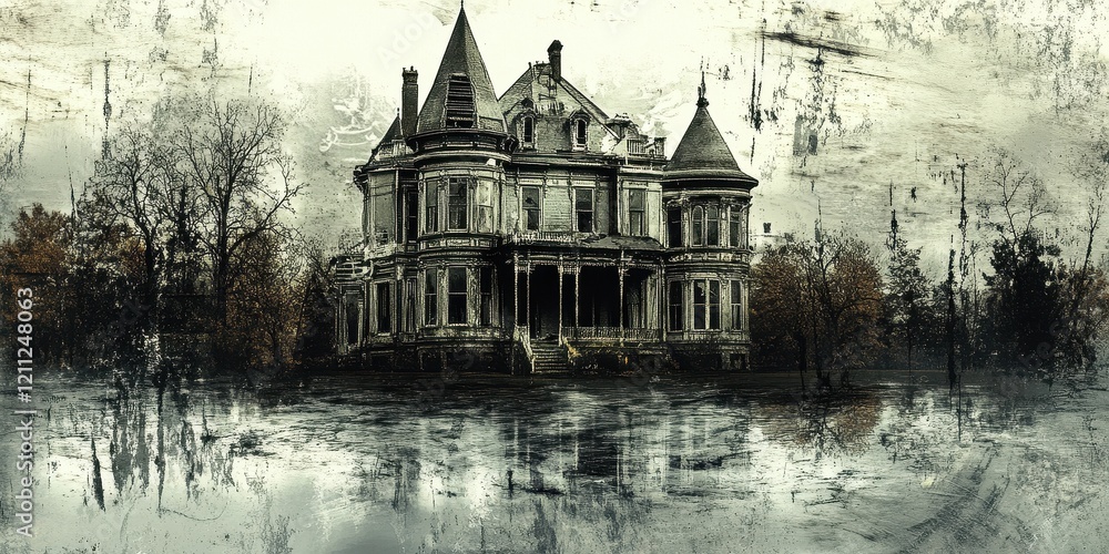 Obraz premium Abandoned Mansion Reflecting in Still Waters