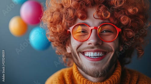 Happy man, red wig, orange glasses, balloons, studio photo