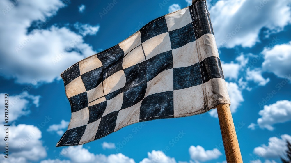 Naklejka premium A weathered checkered flag waving against a vibrant blue sky with fluffy clouds, symbolizing victory