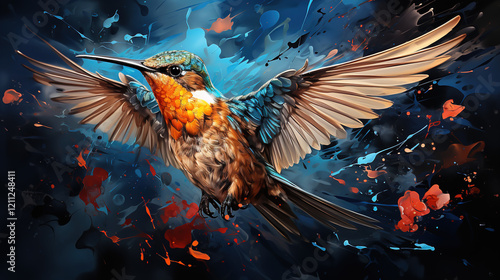 a hummingbird painting a colorful mural with its beak, splashing vivid colors in a dynamic