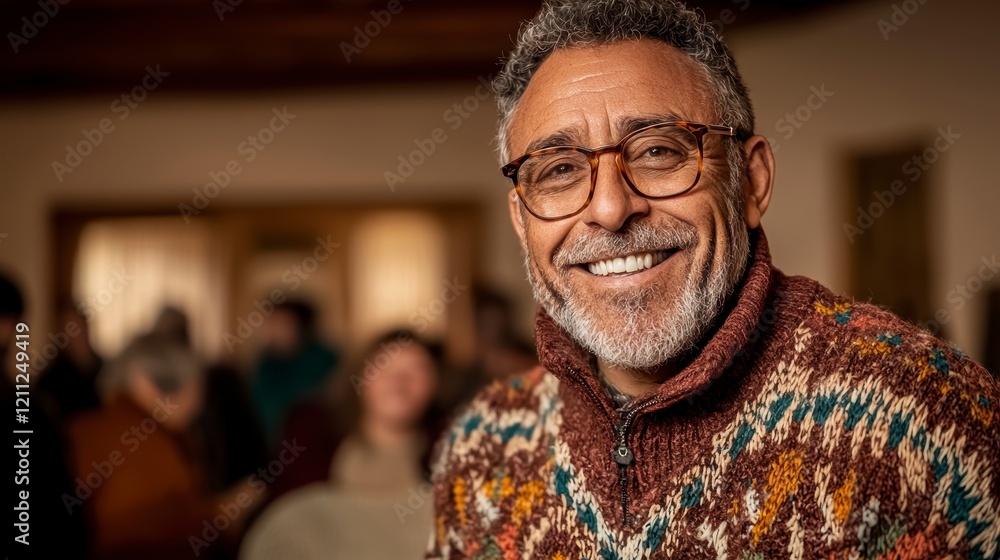 Happy Mature Man Smiling in a Crowd Glasses Sweater Happy Mature Man Smiling in a Crowd Glasses Sweater