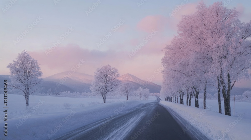 A snow-laden countryside road in Niseko, bordered by frost-covered trees and unspoiled snowbanks under a pastel winter sky, sharp and lifelike 4K A snow-laden countryside road in Niseko, bordered by frost-covered trees and unspoiled snowbanks under a pastel winter sky, sharp and lifelike 4K