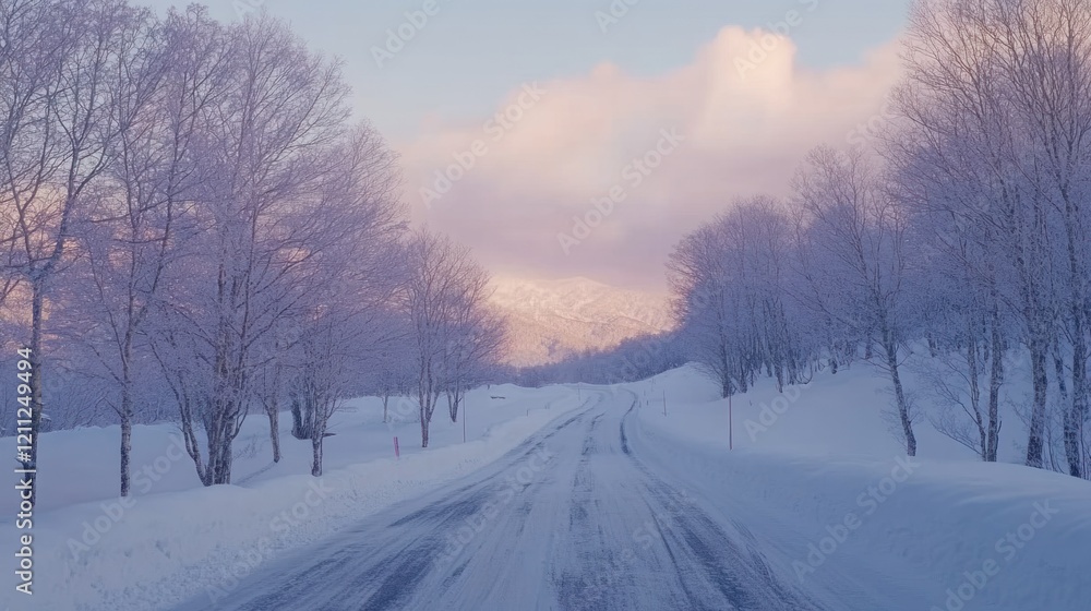 A snow-laden countryside road in Niseko, bordered by frost-covered trees and unspoiled snowbanks under a pastel winter sky, sharp and lifelike 4K A snow-laden countryside road in Niseko, bordered by frost-covered trees and unspoiled snowbanks under a pastel winter sky, sharp and lifelike 4K