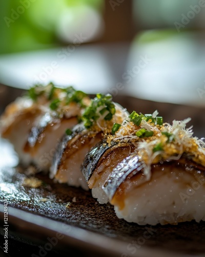 Fresh and Delicious Sushi with Grilled Fish and Garnish on Plate photo