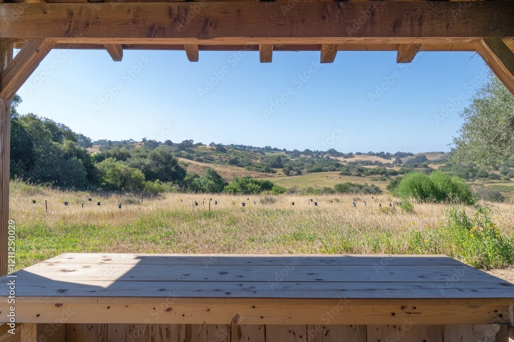 Fototapeta premium Serene Landscape View from a Wooden Shelter Showcasing Rolling Hills and Lush Greenery under Clear Blue Sky in a Rustic Natural Setting