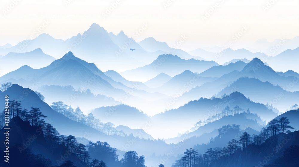A vector-based oriental mountain landscape with overlapping blue layers, faint mist, and scattered trees, rendered in a minimalist Chinese style, hyperrealistic 4K A vector-based oriental mountain landscape with overlapping blue layers, faint mist, and scattered trees, rendered in a minimalist Chinese style, hyperrealistic 4K