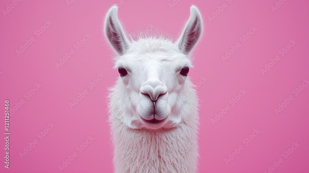 Fototapeta premium Fluffy White Llama Portrait Against Pink Background