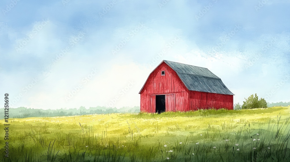 A striking red barn stands alone in a vast green field, with wildflowers dotting the landscape. The bright blue sky enhances the tranquil rural atmosphere, evoking a sense of peace and simplicity A striking red barn stands alone in a vast green field, with wildflowers dotting the landscape. The bright blue sky enhances the tranquil rural atmosphere, evoking a sense of peace and simplicity