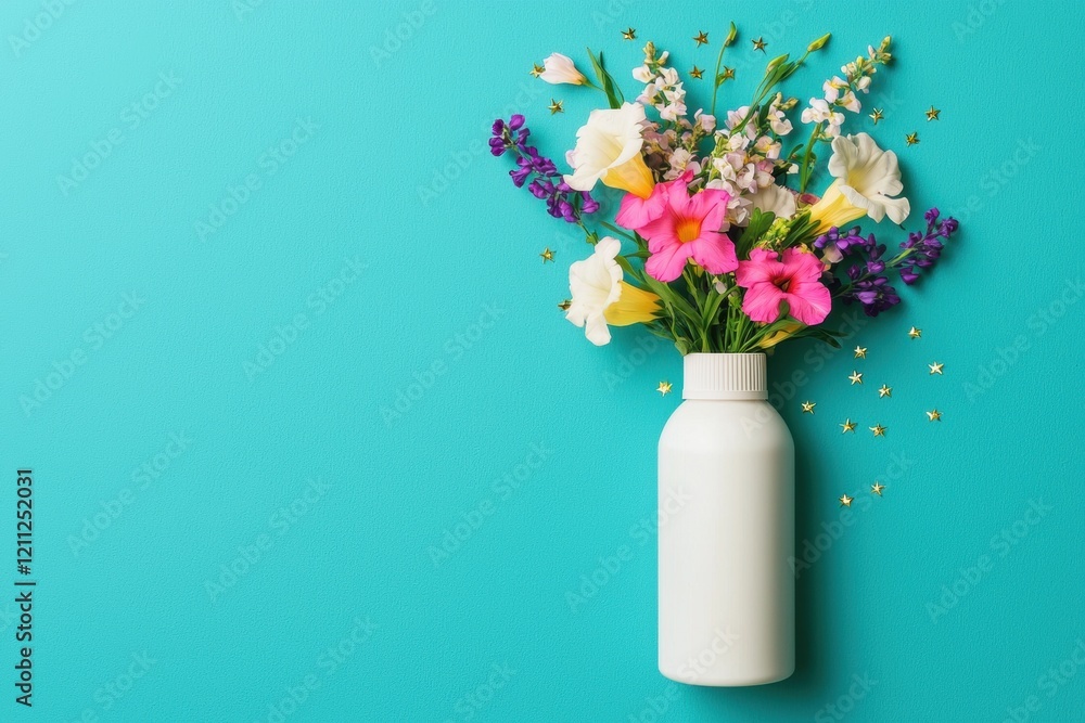 Obraz premium Vibrant Flowers in White Bottle on Teal Background